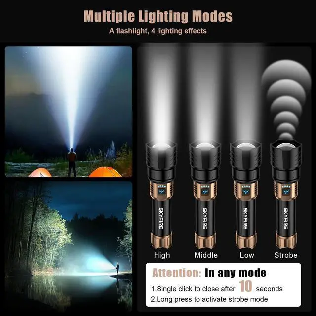 Alt view image 13 of 14 - LED Flashlights High Lumens with Ignition Lens,2000lm Super Bright Rechargeable Flashlight, Zoomable,Four Modes,Waterproof Tactical Flash Light for Camping Essentials,Outdoor and Home,Gift