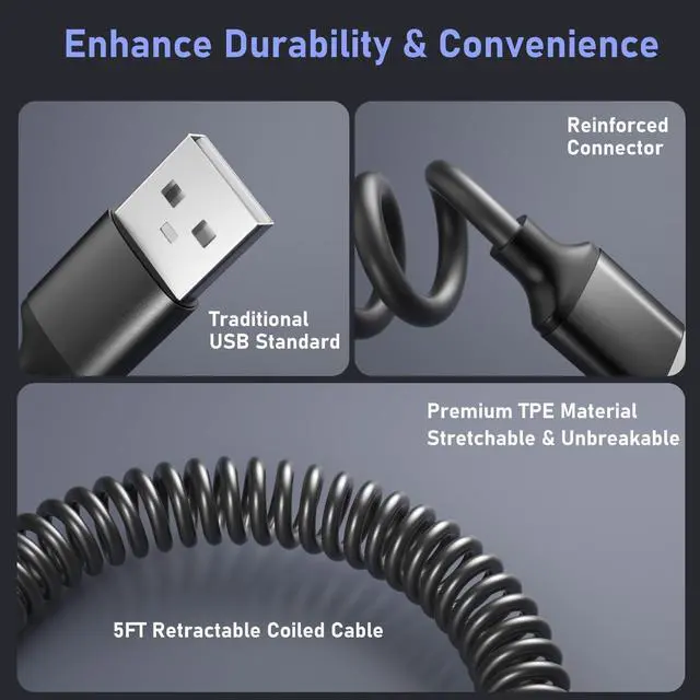 Alt view image 11 of 14 - Coiled USB C Cable for Car 5 Pack, 5FT USB Type C Coiled Cable 3A Fast Charging Retractable Auto USB A to USB C Car Charger Cord for iPhone 17 16 15 Pro Max Plus, Galaxy S25 S24 A15 A55