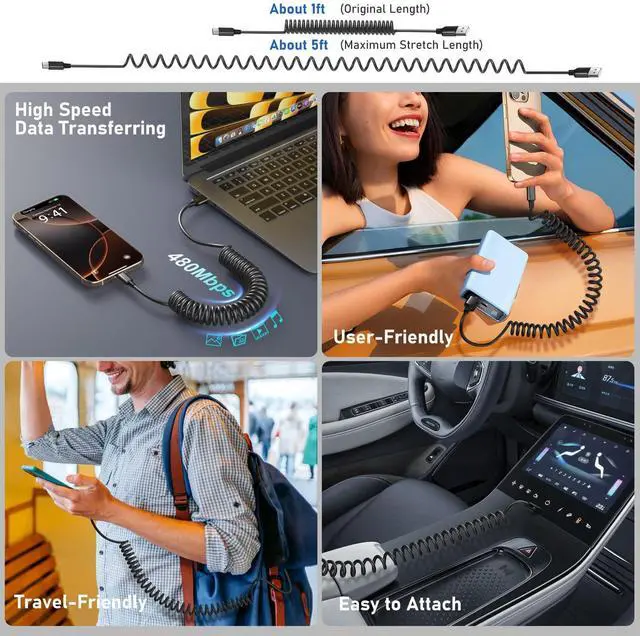 Alt view image 10 of 14 - Coiled USB C Cable for Car 5 Pack, 5FT USB Type C Coiled Cable 3A Fast Charging Retractable Auto USB A to USB C Car Charger Cord for iPhone 17 16 15 Pro Max Plus, Galaxy S25 S24 A15 A55