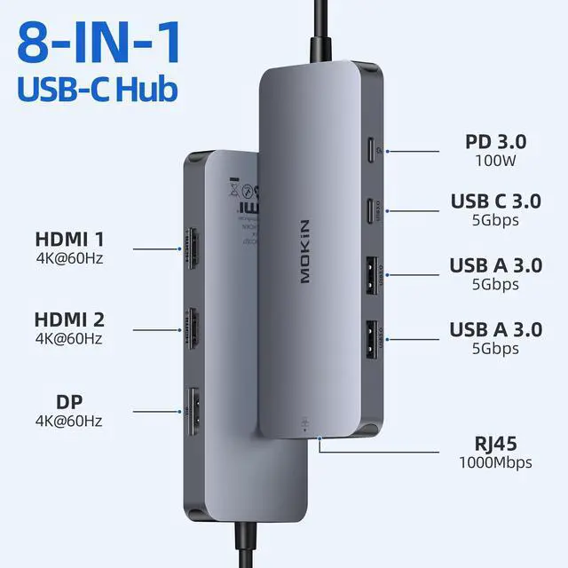 Alt view image 9 of 14 - USB C Docking Station 3 Monitors, USB C Docking Station with 2 HDMI, 4K DisplayPort, 1Gbps Ethernet, 100W PD Charging, 3 USB A/C 3.0, Multiport Adapter for Dell/HP/Lenovo/Surface