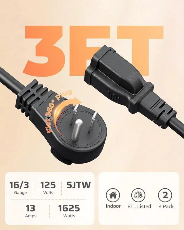 Alt view image 13 of 14 - 360° Rotating Flat Plug Extension Cord 3FT, 16/3 Gauge 3 Prong Grounded Power Cord, 125V/13A/1625W, Space-Saving Size for Indoor Narrow Space, ETL Certified, 2 Pack, Black