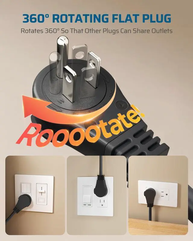 Alt view image 14 of 14 - 360° Rotating Flat Plug Extension Cord 3FT, 16/3 Gauge 3 Prong Grounded Power Cord, 125V/13A/1625W, Space-Saving Size for Indoor Narrow Space, ETL Certified, 2 Pack, Black