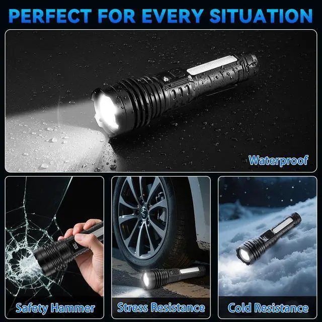 Alt view image 13 of 14 - 4Pack Flashlights High Lumens 9900FL, 7Mode Flashlight Rechargeable with LCD Digital Display, Rechargeable Flashlights with COB Light, Adjustable Super Bright Flashlight, Powerful Tactical Flash Light