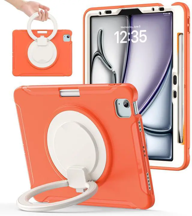 Alt view image 8 of 14 - Case for iPad Air 11" M2/M3/M4, Air 4/5 10.9", iPad Pro 11" 1st-4th Gen 2018-2022 | 360° Multi-Angle Stand (Portrait & Landscape) & Grip, Built-in Pencil Holder, Coral Orange
