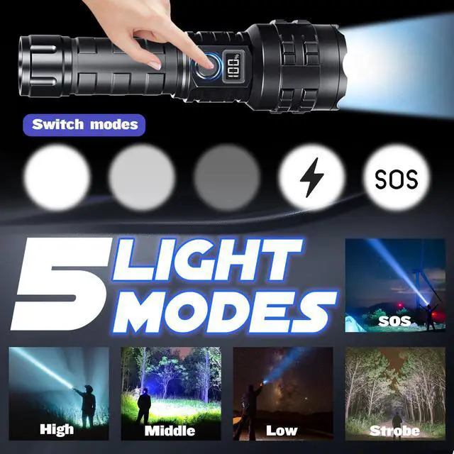 Alt view image 10 of 14 - Flashlights High Lumens Rechargeable, 1000000 High Lumens Super Bright Handheld LED Flash Light, Powerful Emergency Linternas, Waterproof, Long Lasting, for Hiking Camping Gift