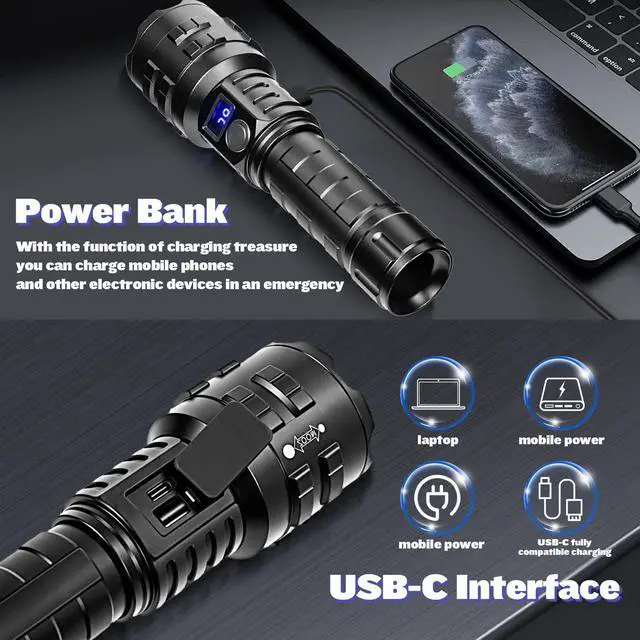 Alt view image 14 of 14 - Flashlights High Lumens Rechargeable, 1000000 High Lumens Super Bright Handheld LED Flash Light, Powerful Emergency Linternas, Waterproof, Long Lasting, for Hiking Camping Gift