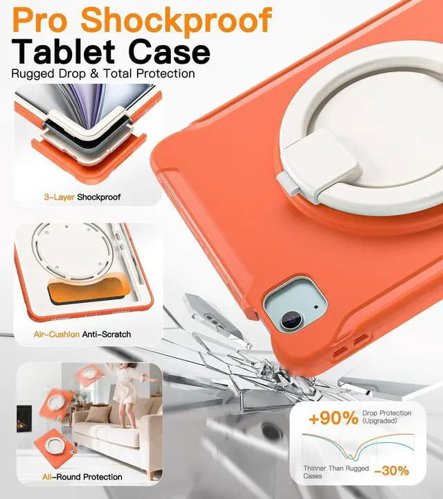 Alt view image 12 of 14 - Case for iPad Air 11" M2/M3/M4, Air 4/5 10.9", iPad Pro 11" 1st-4th Gen 2018-2022 | 360° Multi-Angle Stand (Portrait & Landscape) & Grip, Built-in Pencil Holder, Coral Orange