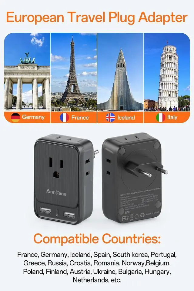 Alt view image 9 of 14 - 2 Pack European Travel Adapter, US to Europe Plug Adaptor with 4 Outlets 3 USB Charging Ports, Type C Power Adapter for USA to EU Euro Spain France Iceland Italy Germany Greece, Black