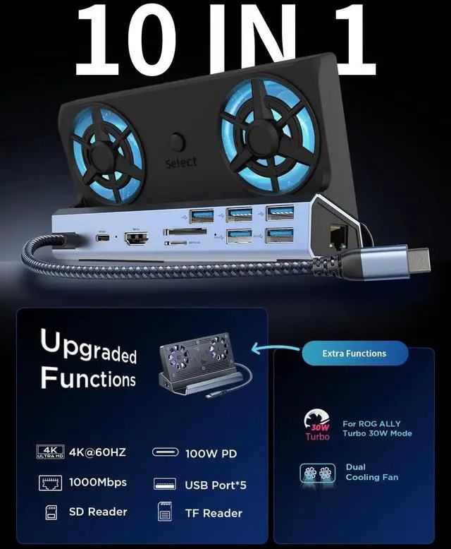 Alt view image 9 of 14 - 10-in-1 Docking Station for Steam Deck OLED & ROG Ally X & Legion Go, Dual Cooling Fan 5 USB Ports, 4K@60Hz HDMI 2.0, 100W Charging Port Support ROG Ally 30W Mode, Gigabit Ethernet, SD/TF
