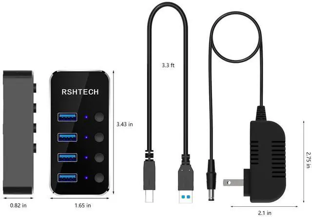 Alt view image 12 of 12 - Powered USB Hub, 4 Port USB 3.0 Hub Splitter Portable Aluminum USB Data Hub Expander with Individual On/Off Switch and Universal 5V AC Adapter, 3.3ft USB 3.0 Cable (RSH-516)