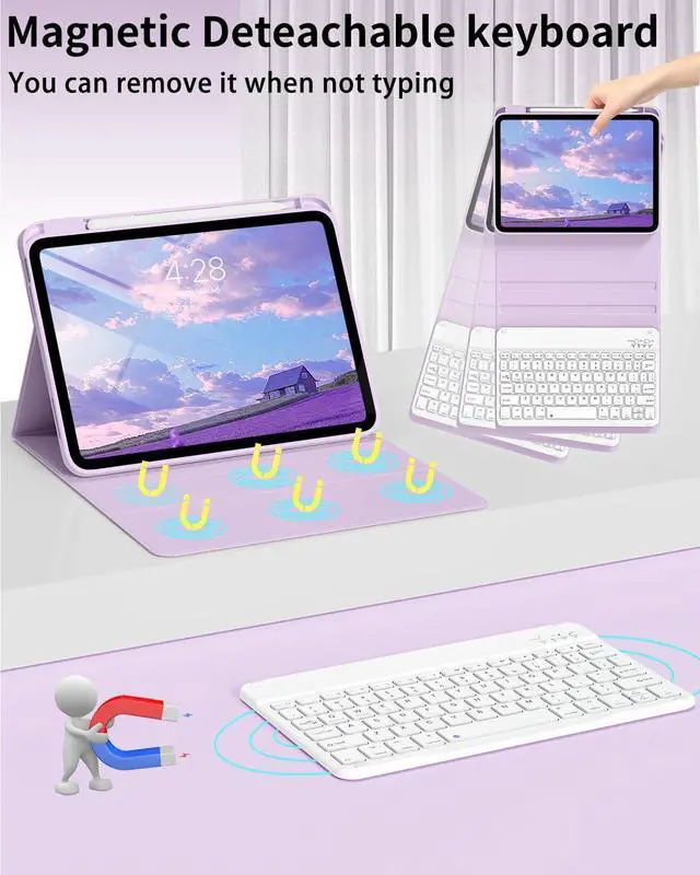 Alt view image 11 of 14 - for iPad A16 11th 10th Generation Case with Keyboard - Wireless Detachable Folio Keyboard Cover with Pencil Holder for iPad 11/10.9 inch 2025/2022 (Purple)