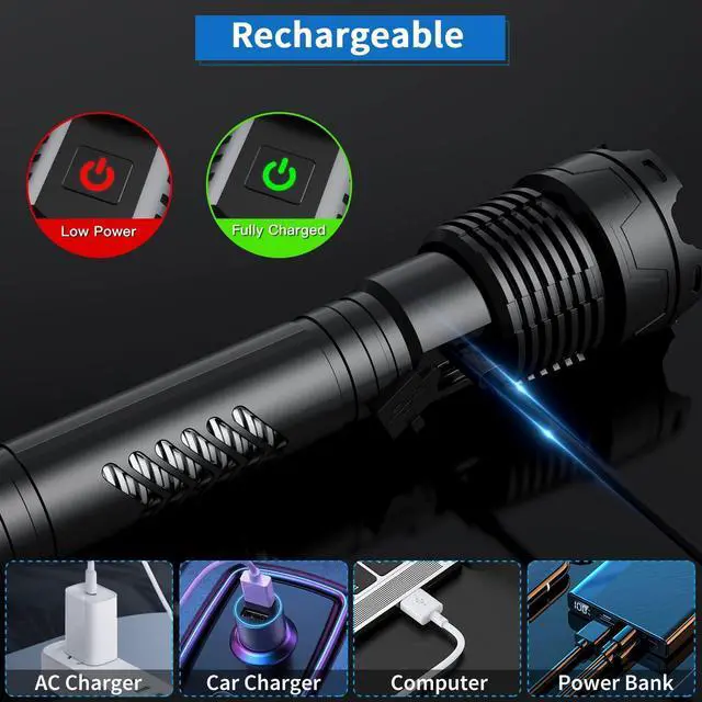 Alt view image 11 of 14 - Super Bright LED Flashlight, 1000000 High Lumen Rechargeable Flashlights with Long Handle, 10000mAh Battery, Zoomable 5 Modes for Outdoor Camping, Emergencies, XHP160-L
