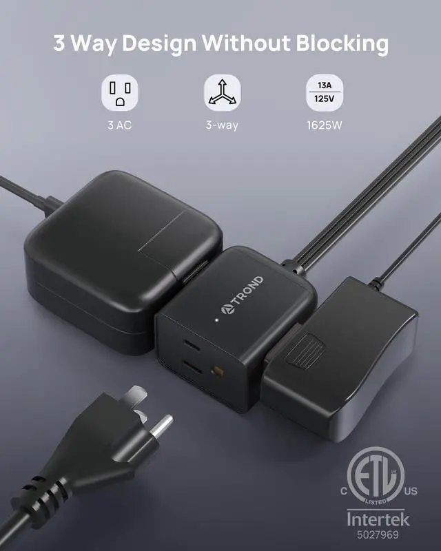 Alt view image 9 of 14 - Short Flat Extension Cord 3ft - Right Angled Flat Plug Power Strip, ETL Listed, 3 Plug Extension Outlets, Three Prong, 16 Gauge Wire, 13A, Small for Indoor Home Office Cruise Ship Travel, Black