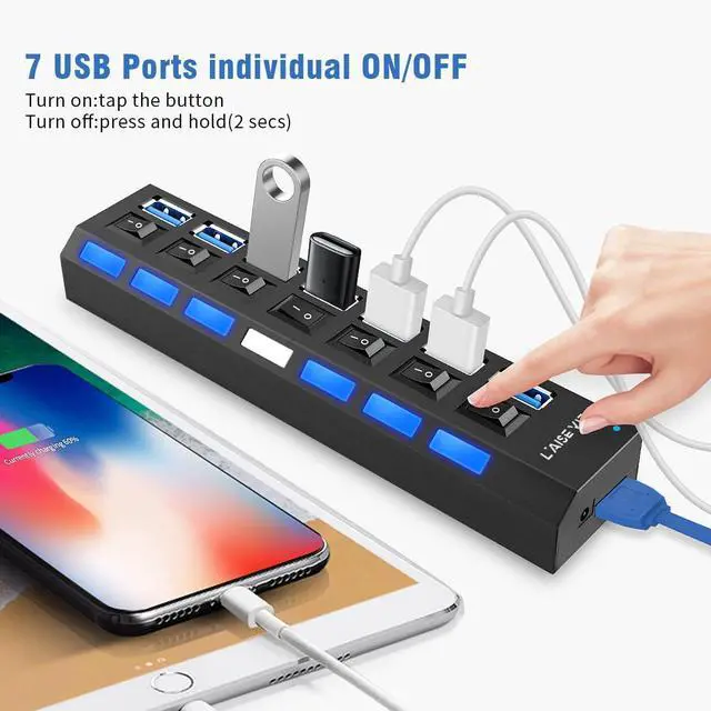 Alt view image 9 of 14 - USB 3.0 Hub, 7 Ports USB Splitter USB A Port Data Hub with Independent On/Off Switch and LED Indicators, Lights for Laptop, PC, Computer, Mobile HDD, Flash Drive and More