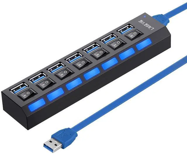 Alt view image 8 of 14 - USB 3.0 Hub, 7 Ports USB Splitter USB A Port Data Hub with Independent On/Off Switch and LED Indicators, Lights for Laptop, PC, Computer, Mobile HDD, Flash Drive and More