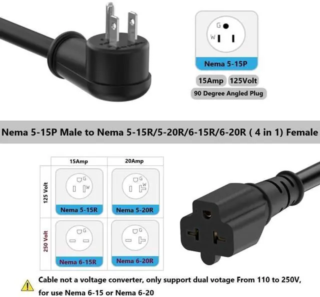 Alt view image 11 of 14 - 6FT 12AWG Heavy Duty Right-Angle 15Amp to 20Amp Extension Cord,90-Degree 15 Amp Household Plug to 20 Amp T Blade Extension Cable, Nema 5-15P to 5-15R 5-20R 6-15R 6-20R, Angled 15A to 20A AC Power Cord