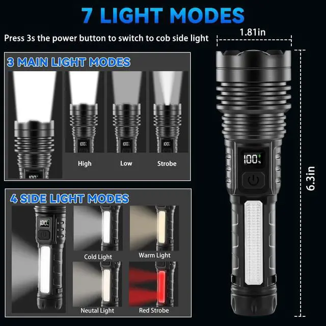 Alt view image 10 of 14 - 4Pack Flashlights High Lumens 9900FL, 7Mode Flashlight Rechargeable with LCD Digital Display, Rechargeable Flashlights with COB Light, Adjustable Super Bright Flashlight, Powerful Tactical Flash Light