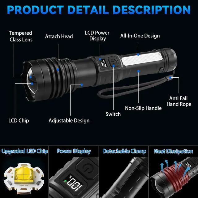 Alt view image 12 of 14 - 4Pack Flashlights High Lumens 9900FL, 7Mode Flashlight Rechargeable with LCD Digital Display, Rechargeable Flashlights with COB Light, Adjustable Super Bright Flashlight, Powerful Tactical Flash Light