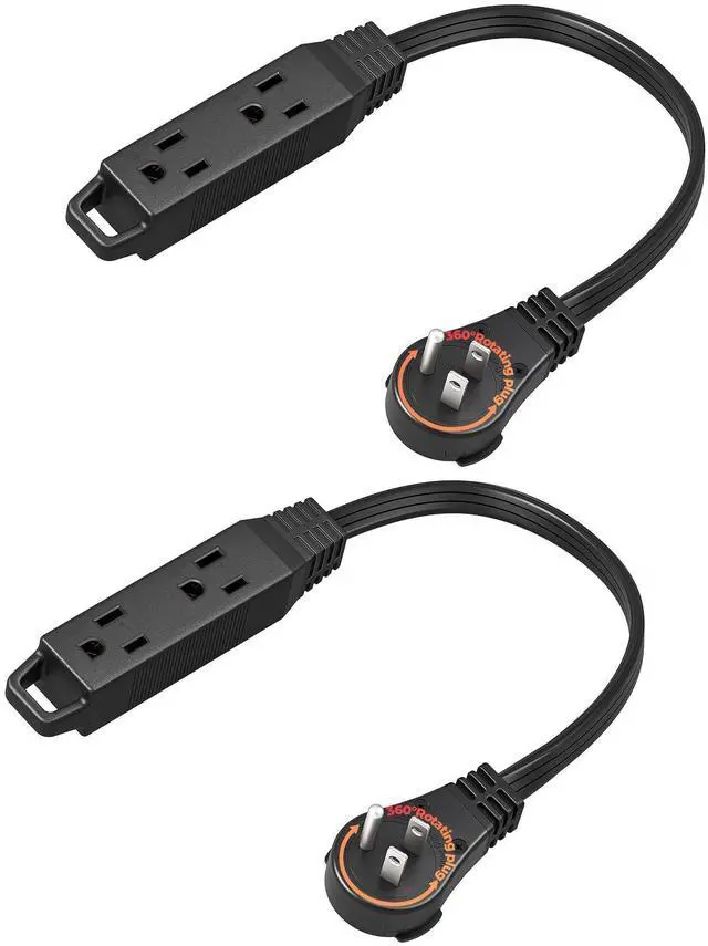Alt view image 8 of 14 - 1FT 360° Rotating Flat Plug Extension Cord/Wire, 16AWG Multi 3 Outlet Extension Cord, 3 Prong Grounded Wire for Indoor Small Appliances, 2 Pack, ETL Certified, Black