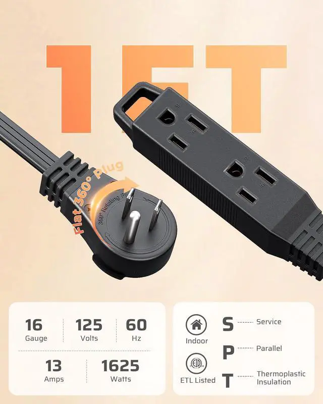 Alt view image 10 of 14 - 1FT 360° Rotating Flat Plug Extension Cord/Wire, 16AWG Multi 3 Outlet Extension Cord, 3 Prong Grounded Wire for Indoor Small Appliances, 2 Pack, ETL Certified, Black
