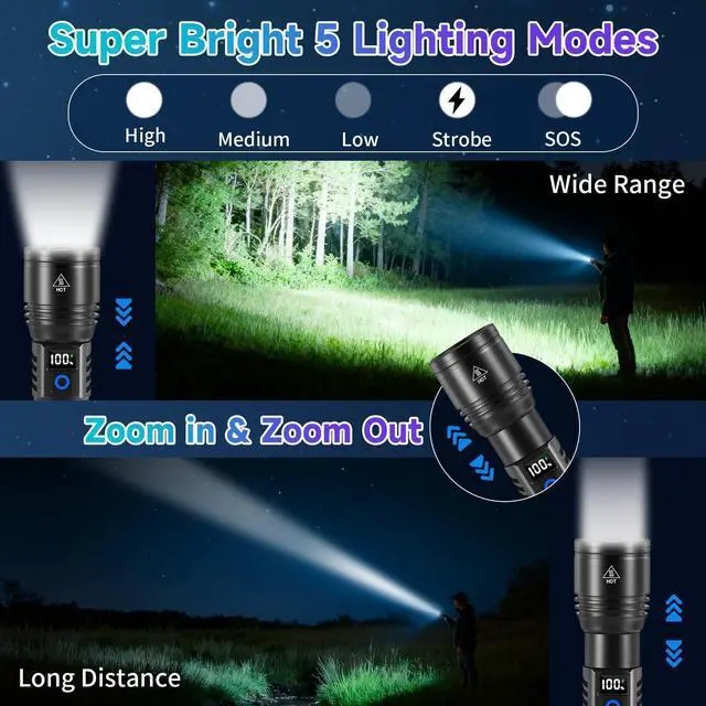Alt view image 9 of 14 - Rechargeable Flashlights High Lumens 2Pack, 5Modes Super Bright Flashlight Rechargeable, LED Flashlight Powerful, Handheld Tactical Flash Lights for Home Emergencies Camping Essentials, Gifts for Men