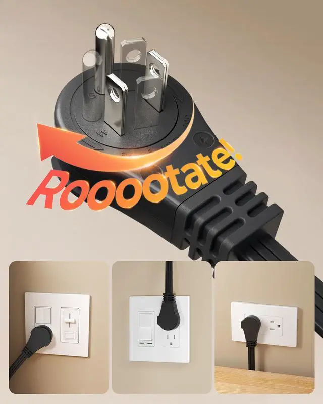 Alt view image 9 of 14 - 1FT 360° Rotating Flat Plug Extension Cord/Wire, 16AWG Multi 3 Outlet Extension Cord, 3 Prong Grounded Wire for Indoor Small Appliances, 2 Pack, ETL Certified, Black