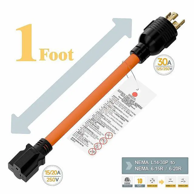 Alt view image 9 of 14 - 1FT Nema L14-30P 30Amp Locking Plug Male to 6-20R T-Blade Adapter, STW 10-AWG 30A 4-Prong 250V to 3 20A 250V 6-20/15R Adapter, L14-30 to 6-20 Adapter