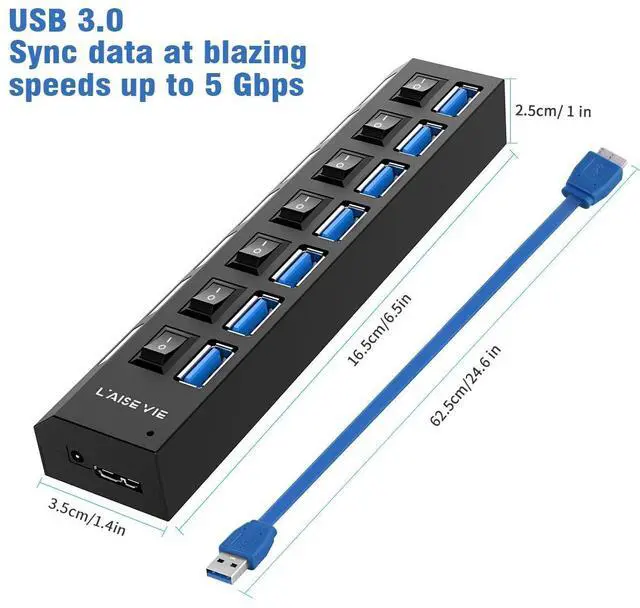 Alt view image 12 of 14 - USB 3.0 Hub, 7 Ports USB Splitter USB A Port Data Hub with Independent On/Off Switch and LED Indicators, Lights for Laptop, PC, Computer, Mobile HDD, Flash Drive and More