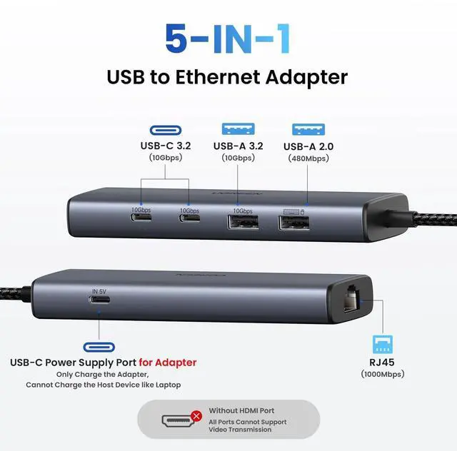 Alt view image 9 of 14 - USB to Ethernet Adapter, 5 in 1 USB Hub with Ethernet with 2* USB-C 3.2 (10Gbps) + 1*USB-A 3.2/1*USB-A 2.0/Gigabit RJ45, Network LAN Internet Dongle Compatible for Laptop, MacBook Pro/Air, XPS