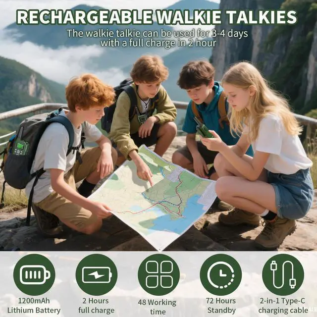 Alt view image 10 of 14 - Walkie Talkies for Kids 2 Pack Rechargeable 3 Miles Long Range Walkie Talkies with NOAA,22 Channels for 6-18 Years Old, 2 Way Radio Toys Gifts for Boys Outdoor Adventure Game Camping Hiking (Green)