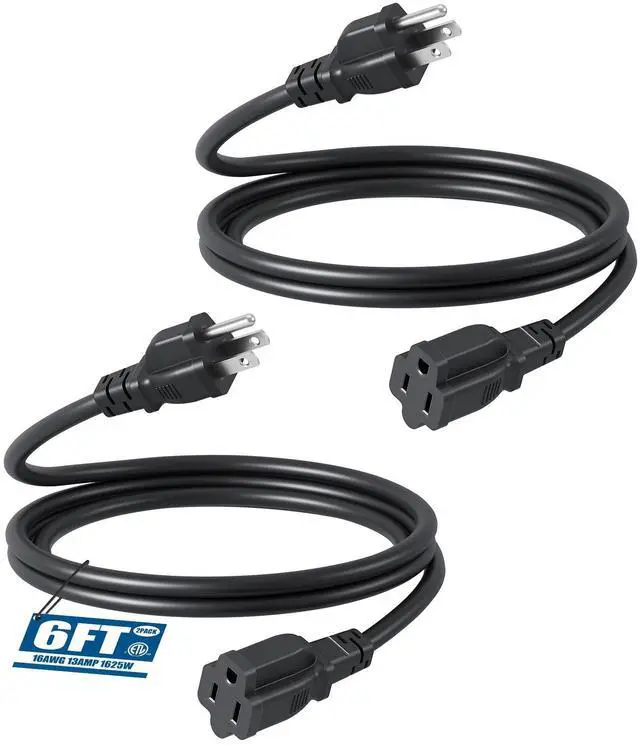 Alt view image 8 of 14 - 2 Pack 6FT Outdoor Extension Cord Waterproof, Short Extension Cord 16 AWG SJTW, NEMA 5-15P to 5-15R, 3 Prong Grounded Plug, for Indoor and Outdoor, ETL Listed, Black