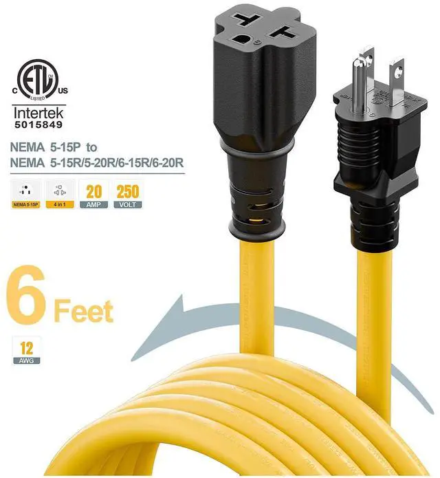 Alt view image 8 of 12 - 6-Feet Nema 5-15P to 4-in-1 Female Adapter Cable, 6-20R 12AWG Heavy Duty EV Charging Power Adapter,15A Household Plug to 6-20R T Blade Adapter Cord Yellow