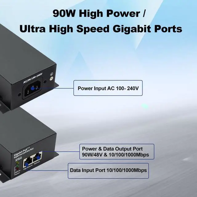 Alt view image 10 of 14 - High Power Gigabit PoE++ Injector Adapter, Integrated Power Supply, Convert A Non-PoE Port to A 90W Gigabit Port, Up to 95W to 60W, 30W, 15.4W, Up to 100m (328 ft)