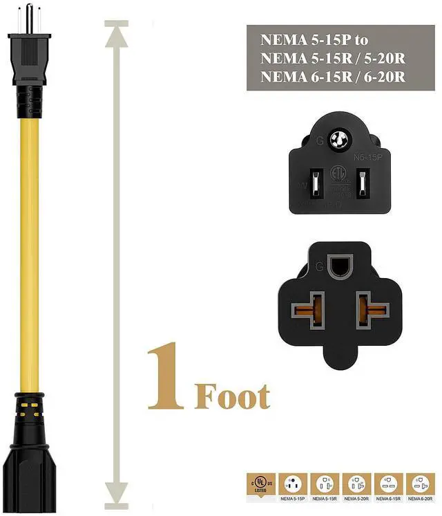 Alt view image 10 of 14 - 4-1 12AWG Heavy Duty 15 Amp Household AC Plug to 20 Amp T Blade Adapter Cable,5-15P to 5-20R to 6-15R to 6-20R, AC Power Adapter, L=1FT
