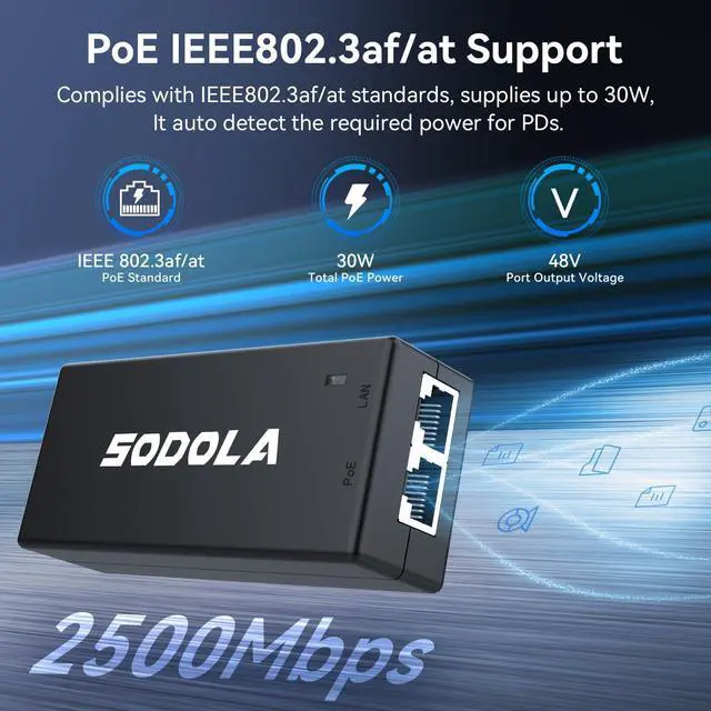 Alt view image 10 of 14 - Gigabit Power Over Ethernet Plus Injector, PoE+ (30W) Power Network Distances Up to 100M (328 ft.), 2.5Gb PoE Injector,30W Power Over Ethernet PoE Injector Adapter