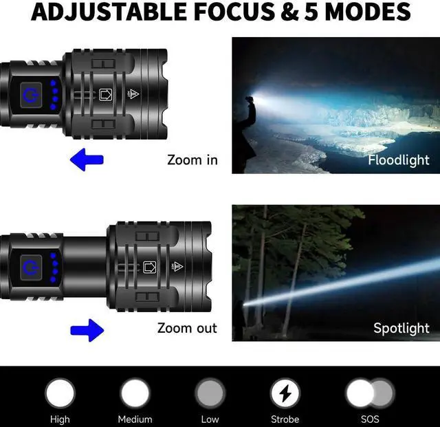 Alt view image 10 of 14 - Rechargeable Flashlights High Lumens, Powerful Tactical Flashlights, 5 Modes LED Flashlight Adjustable, Brightest Flashlight Waterproof, Handheld Flash Light for Emergencies, Home, Camping, Hiking