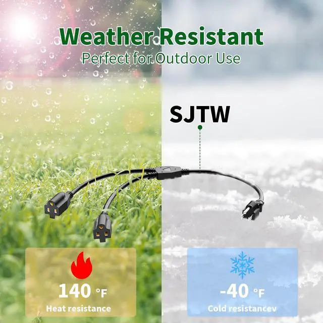 Alt view image 10 of 14 - 3-Prong Y Splitter Power Extension Cord 1 FT/3 Pack, Straight Plug 1 to 2 Way Outlet Space Saver, Heavy Duty Weatherproof SJTW, 16AWG 13A, 5-15P Cable Extender for Indoor Outdoor-UL