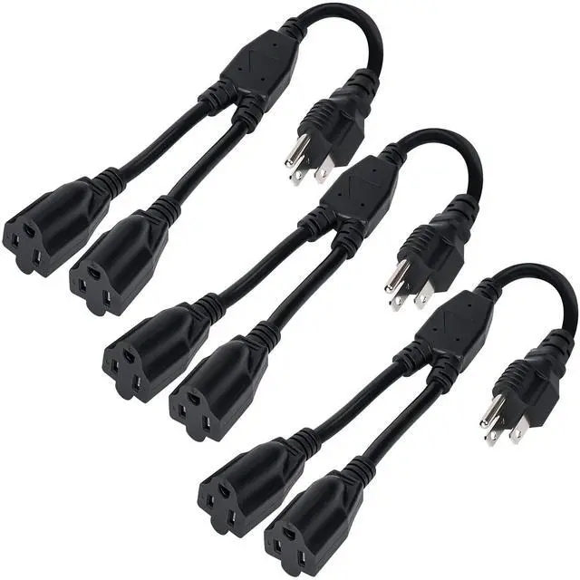 Alt view image 8 of 14 - 3-Prong Y Splitter Power Extension Cord 1 FT/3 Pack, Straight Plug 1 to 2 Way Outlet Space Saver, Heavy Duty Weatherproof SJTW, 16AWG 13A, 5-15P Cable Extender for Indoor Outdoor-UL