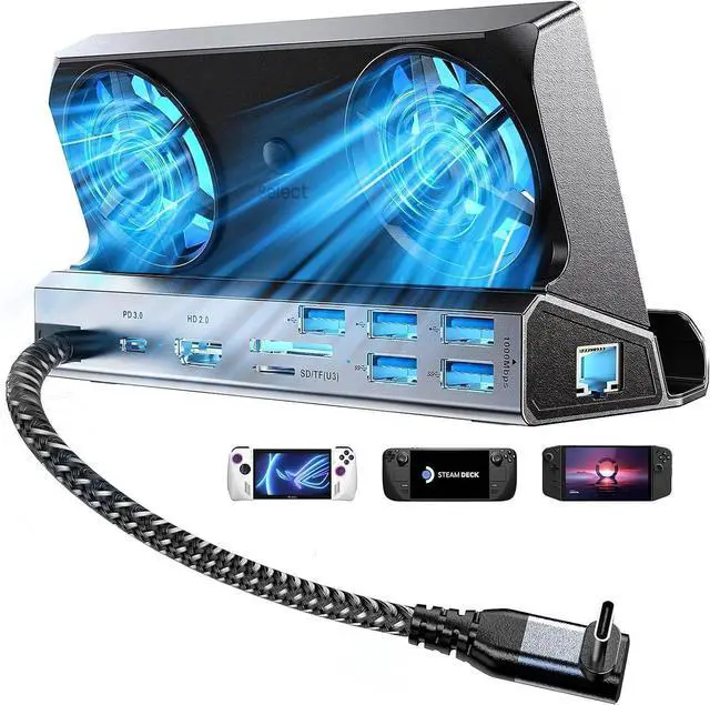 Alt view image 8 of 14 - Docking Station for Steam Deck ROG Ally with Dual Cooling Fans, 10-IN-1 Stream Deck Dock with 4K@60Hz, 1000Mbps Gigabit Ethernet, 5USB Ports and 100W Charging Port for Steam Deck OLED/Switch/Legion Go