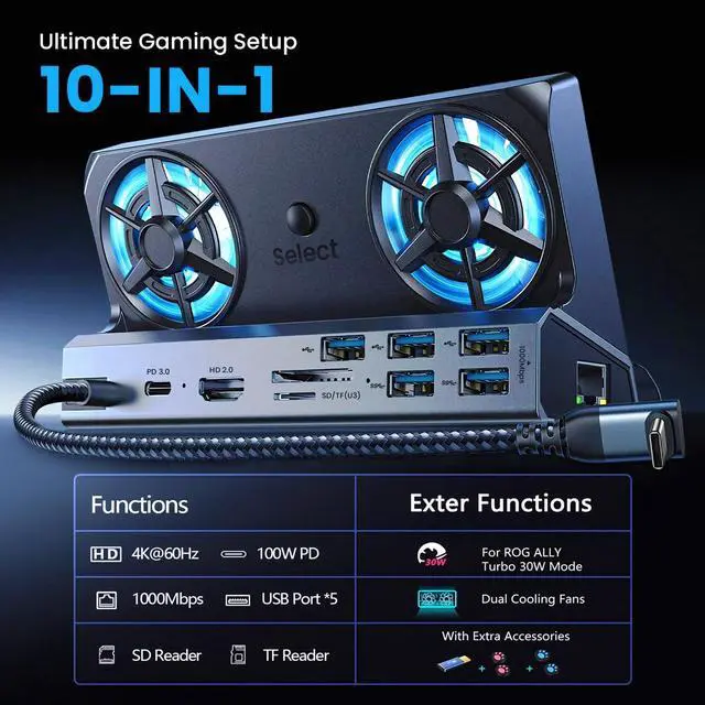 Alt view image 11 of 14 - Docking Station for Steam Deck ROG Ally with Dual Cooling Fans, 10-IN-1 Stream Deck Dock with 4K@60Hz, 1000Mbps Gigabit Ethernet, 5USB Ports and 100W Charging Port for Steam Deck OLED/Switch/Legion Go