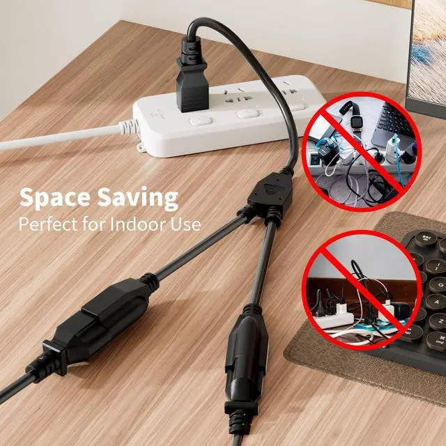 Alt view image 9 of 14 - 3-Prong Y Splitter Power Extension Cord 1 FT/3 Pack, Straight Plug 1 to 2 Way Outlet Space Saver, Heavy Duty Weatherproof SJTW, 16AWG 13A, 5-15P Cable Extender for Indoor Outdoor-UL