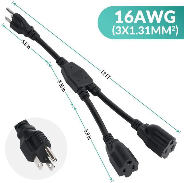 Alt view image 13 of 14 - 3-Prong Y Splitter Power Extension Cord 1 FT/3 Pack, Straight Plug 1 to 2 Way Outlet Space Saver, Heavy Duty Weatherproof SJTW, 16AWG 13A, 5-15P Cable Extender for Indoor Outdoor-UL