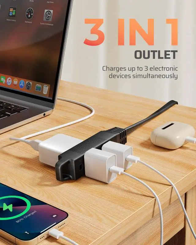 Alt view image 11 of 14 - 1FT 360° Rotating Flat Plug Extension Cord/Wire, 16AWG Multi 3 Outlet Extension Cord, 3 Prong Grounded Wire for Indoor Small Appliances, 2 Pack, ETL Certified, Black