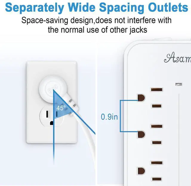 Alt view image 10 of 14 - 25FT Surge Protector Power Strip Extension Cord with USB C, Asamoom Flat Plug Power Strip with Long Cord, 8 Outlets and 4 USB Port,1700J Surge Protector for Home Office White, ETL Listed