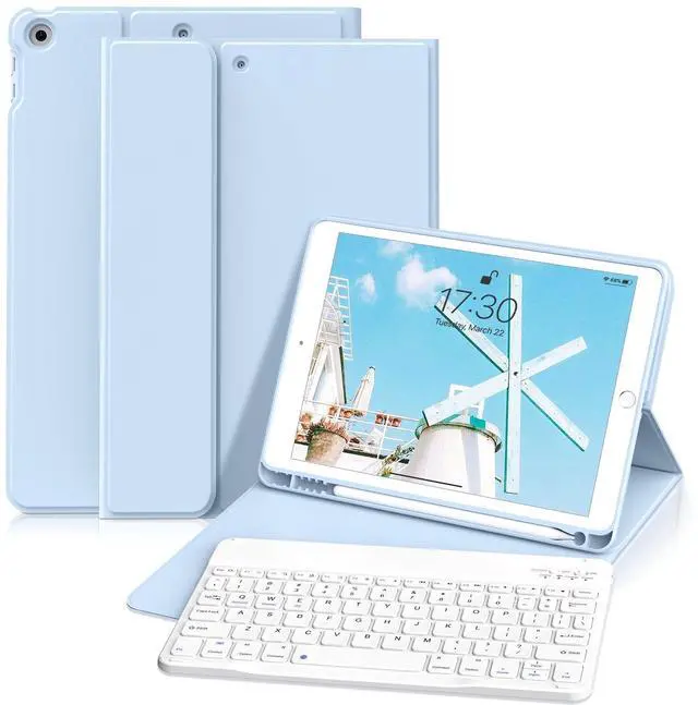 Alt view image 8 of 14 - Keyboard Case for iPad 9th/8th/7th Generation (10.2 Inch, 2021/2020/2019), Smart Magnetic Detachable Wireless Bluetooth Keyboard, Folio Stand Cover with Pencil Holder, Sky Blue