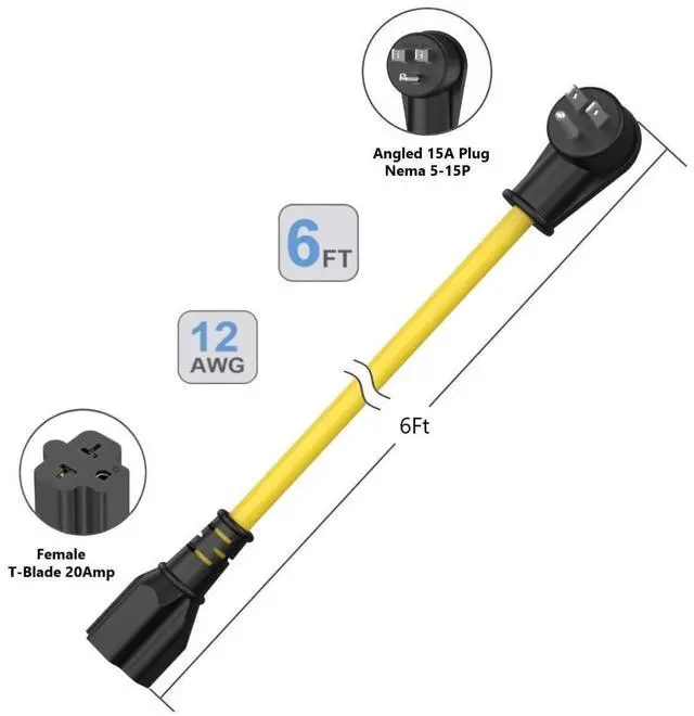 Alt view image 14 of 14 - 6FT Heavy Duty 15Amp Right-Angle Extention Cable, 12AWG 90-Degree 15 Amp Household Plug to 20 Amp T Blade Adapter cord, Nema 5-15P to 5-20R,5-15P to 6-15R/20R, 125V 15A to 20A AC Power Cable Extension