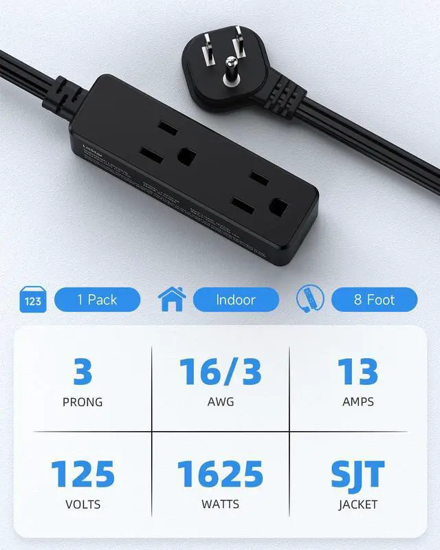 Alt view image 10 of 14 - Flat Plug Extension Cord with 3 Outlets - 8Ft Low Profile Indoor 3 Prong Grounded Power Strip for Home Office & Travel - 16 AWG 13A/1625W, Black