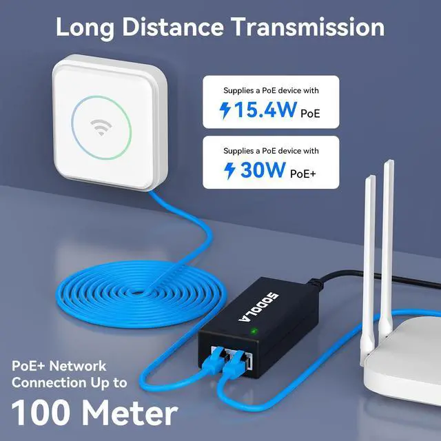 Alt view image 14 of 14 - Gigabit Power Over Ethernet Plus Injector, PoE+ (30W) Power Network Distances Up to 100M (328 ft.), 2.5Gb PoE Injector,30W Power Over Ethernet PoE Injector Adapter