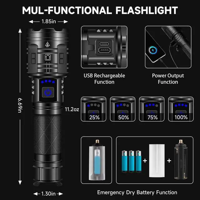 Alt view image 11 of 14 - Rechargeable Flashlights High Lumens, Powerful Tactical Flashlights, 5 Modes LED Flashlight Adjustable, Brightest Flashlight Waterproof, Handheld Flash Light for Emergencies, Home, Camping, Hiking