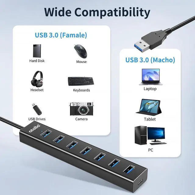 Alt view image 9 of 14 - Aluminum 7-Port USB 3.0 Hub with 1m Extension Cable - 5Gbps High-Speed Data Transfer for MacBook Pro, Laptop, PC, Gaming Setup